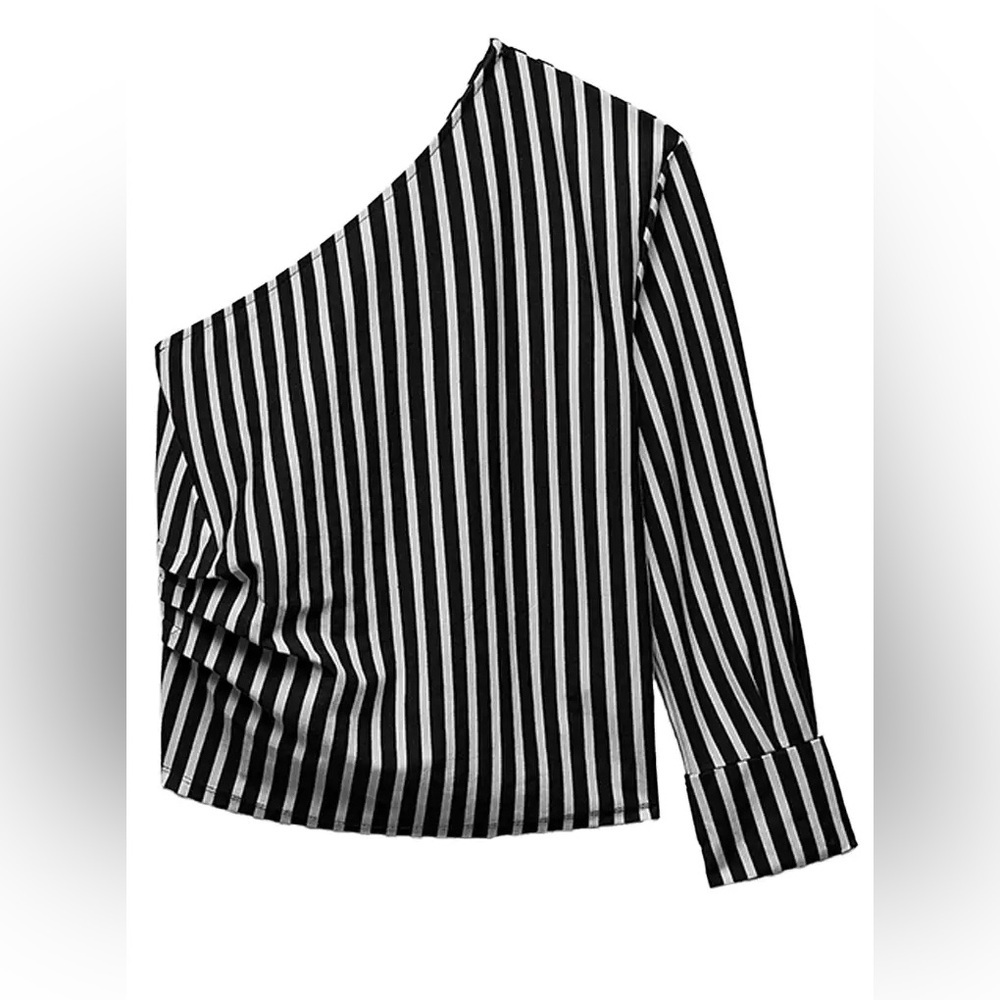 Zara - Nautical Navy And White Stripe Lightweight One Sleeve Blouse Size Small - Picture 2 of 11